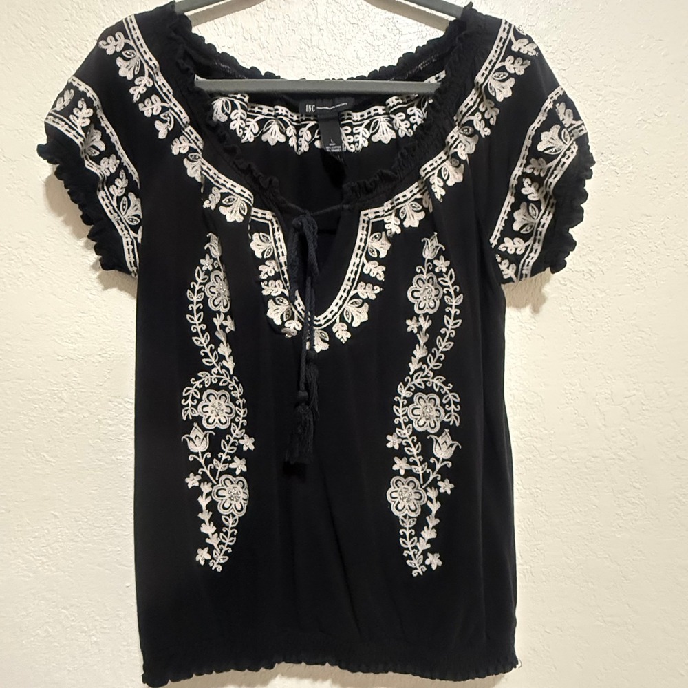 INC International Concepts Black Embroidered Beaded Peasant Blouse Top Large